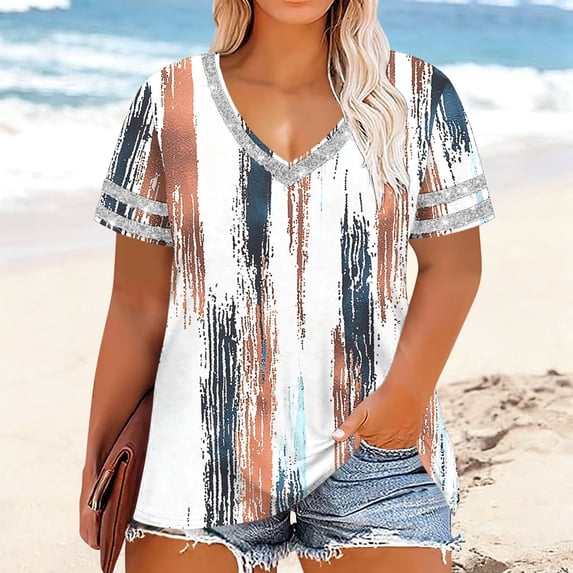 Karight Womens Plus Size V Neck Short Sleeve Casual Loose Fit Summer Print Oversize T Shirt Lightweight Layering Tops