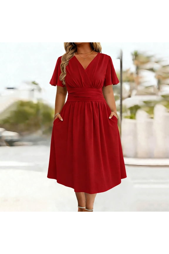 Womens Plus Size V Neck Wrap Midi Dress Short Sleeve High Waist A Line Dress with Pockets
