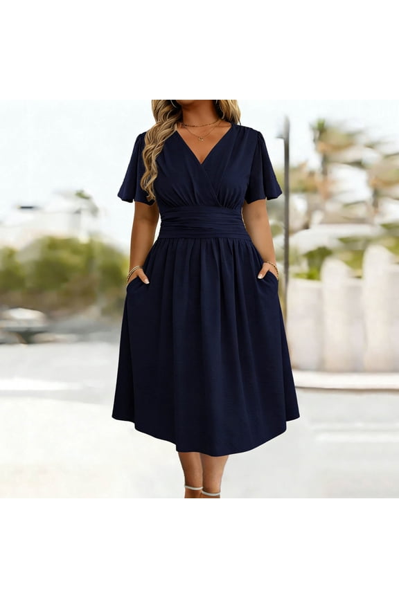 Womens Plus Size V Neck Wrap Midi Dress Short Sleeve High Waist A Line Dress with Pockets