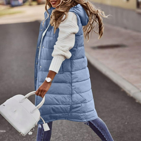 Karight Womens Puffer Vests Lightweight Long Sleeveless Quilted Puffer Jacket Long Puffy Vest With Hood Winter Warm Coats