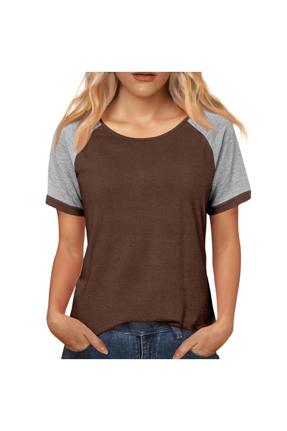 Womens Raglan Sleeve T-Shirt Color Block Rolled Cuffs Crew Neck Casual Tee Loose Fit Summer Tops