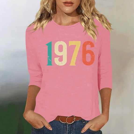 Karight Womens Retro 1976 Graphic Tees Crew Neck 3/4 Sleeve Casual Loose Fit Lightweight Vintage Inspired T Shirts