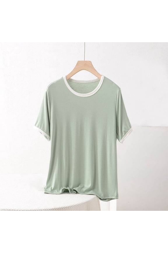 Womens Ringer Crew Neck Short Sleeve T Shirt Contrast Trim Casual Soft Lightweight Loose Fit Basic Tee
