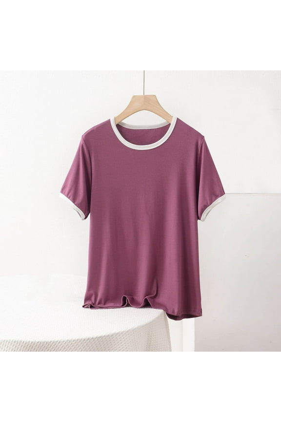 Womens Ringer Crew Neck Short Sleeve T Shirt Contrast Trim Casual Soft Lightweight Loose Fit Basic Tee