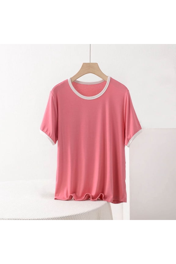 Womens Ringer Crew Neck Short Sleeve T Shirt Contrast Trim Casual Soft Lightweight Loose Fit Basic Tee