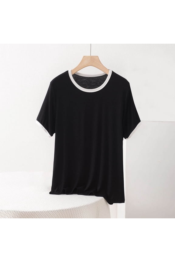 Womens Ringer Crew Neck Short Sleeve T Shirt Contrast Trim Casual Soft Lightweight Loose Fit Basic Tee
