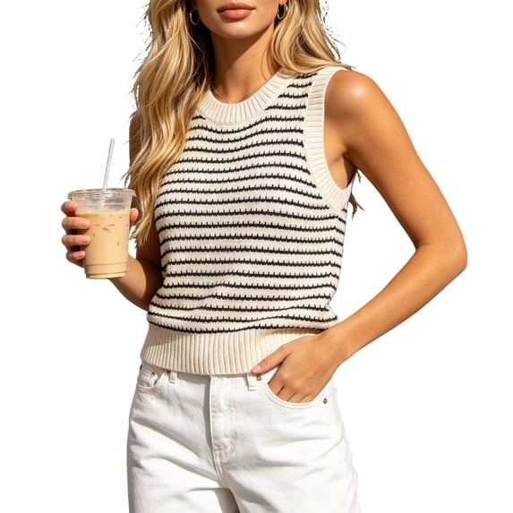 Karight Womens Round Neck Sleeveless Striped Knit Tank Tops Casual Ribbed Trim Sweater Vest
