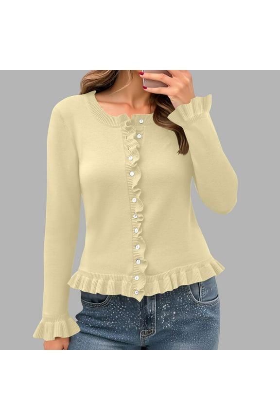 Womens Ruffle Cardigan Sweater Knit Long Sleeve Button Down Lightweight Cropped Fall Sweater Knitwear