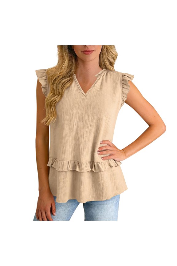 Womens Ruffle Trim Blouse V Neck Flutter Sleeve Smocked Waist Casual Top