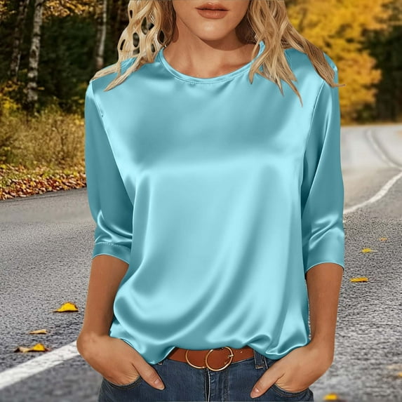 Karight Womens Satin Silk 3/4 Length Sleeve Tunic Tops Trendy Silky Round Neck Business Casual Shirt Dressy Blouses