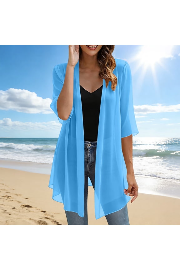 Womens Sheer Chiffon Kimono Cardigan Open Front 3/4 Sleeve Beach Cover Up with Pockets