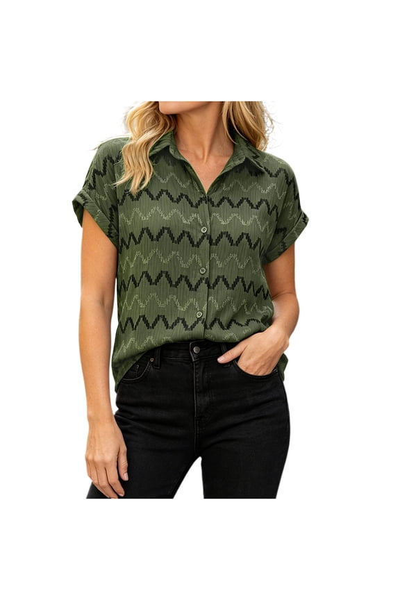 Womens Short Sleeve Button Down Shirt Collared Zigzag Print Rolled Cuff Casual Blouse Tops