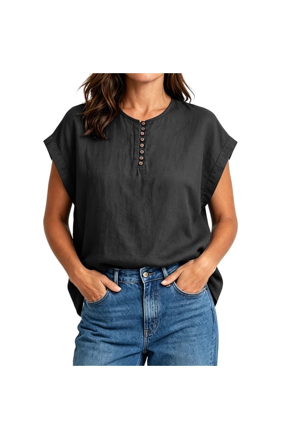 Womens Short Sleeve Henley Neck Linen Blend Blouse Casual Loose Fit Button Front Tunic Top