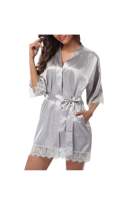 Womens Silk Robe Short Lace Trim Satin Robe 3/4 Sleeve Sexy Kimono Bride Bathrobe Comfy Sleepwear with Pockets