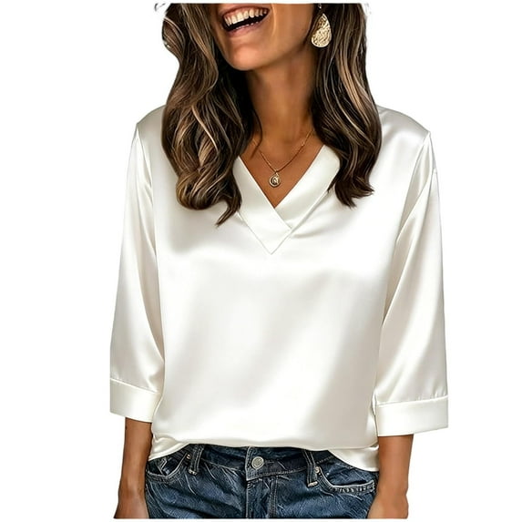 Karight Womens Silk Satin Tops 3/4 Length Sleeve Shirts Round Neck Loose Casual Blouses Business Work Dressy Tshirts Outfits