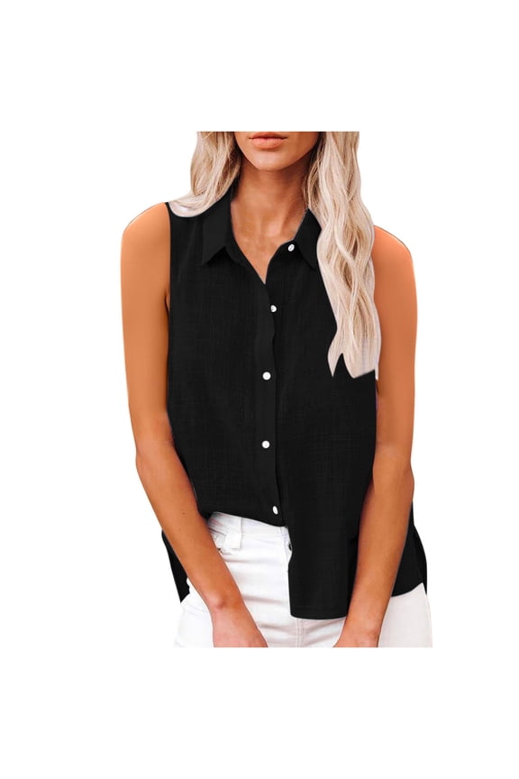 Womens Sleeveless Button Down Shirt Collared Cotton Linen Blouse Casual Office Shirts Basic Tank Top