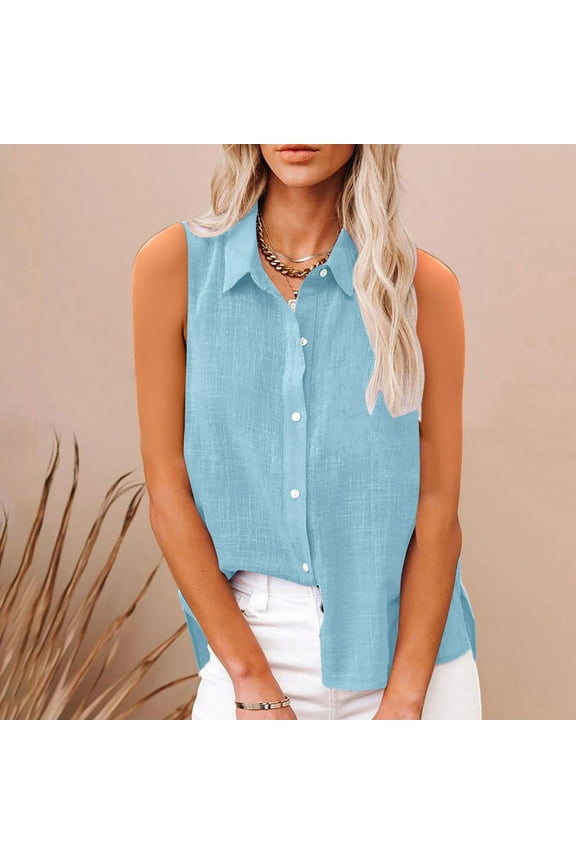 Womens Sleeveless Button Down Shirt Collared Cotton Linen Blouse Casual Office Shirts Basic Tank Top