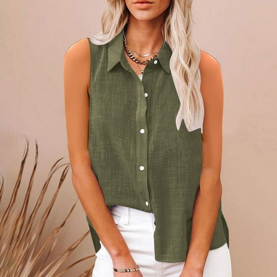 Karight Womens Sleeveless Button Down Shirt Collared Cotton Linen Blouse Casual Office Shirts Basic Tank Top