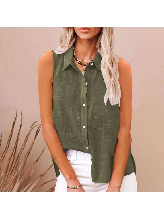 Womens Sleeveless Button Down Shirt Collared Cotton Linen Blouse Casual Office Shirts Basic Tank Top