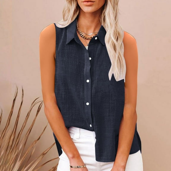 Karight Womens Sleeveless Button Down Shirt Collared Cotton Linen Blouse Casual Office Shirts Basic Tank Top