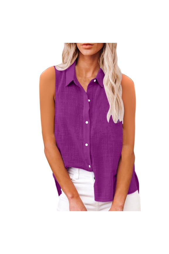 Womens Sleeveless Button Down Shirt Collared Cotton Linen Blouse Casual Office Shirts Basic Tank Top