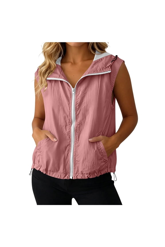 Womens Sleeveless Hooded Vest Lightweight Full Zip Casual Outdoor Windbreaker Jacket with Pockets