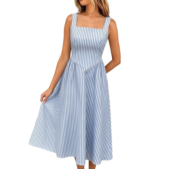 Karight Womens Sleeveless Square Neck Striped Midi Dress A Line Flare Casual Swing Tank Dresses