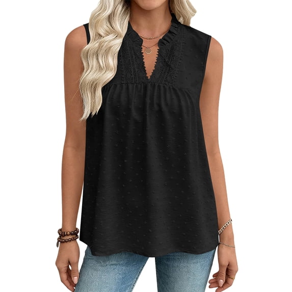 Karight Womens Sleeveless Swiss Dot Blouse Ruffle V Neck Lace Trim Casual Flowy Tank Top