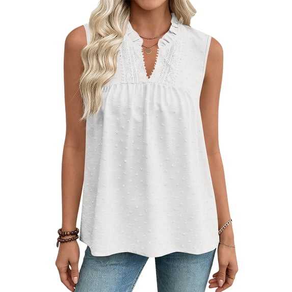 Karight Womens Sleeveless Swiss Dot Blouse Ruffle V Neck Lace Trim Casual Flowy Tank Top