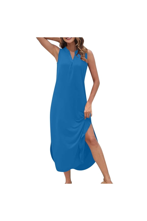 Womens Sleeveless V-Neck Maxi Dress Stand Collar Pleated Front Asymmetrical Hem Loose Fit Casual Tunic Dress