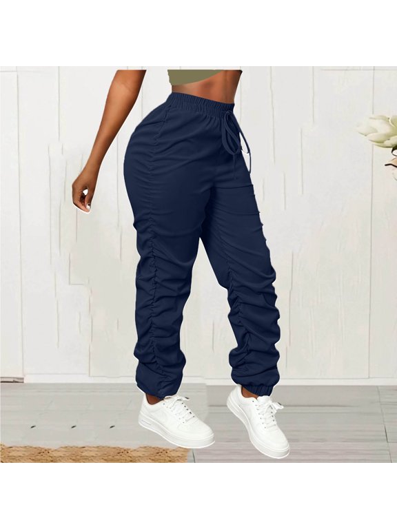 Womens Slim Cargo Pants Pleated Cuffed Trousers Adjustable Drawstring Jogger Casual Hiking Pants Punk Streetwear