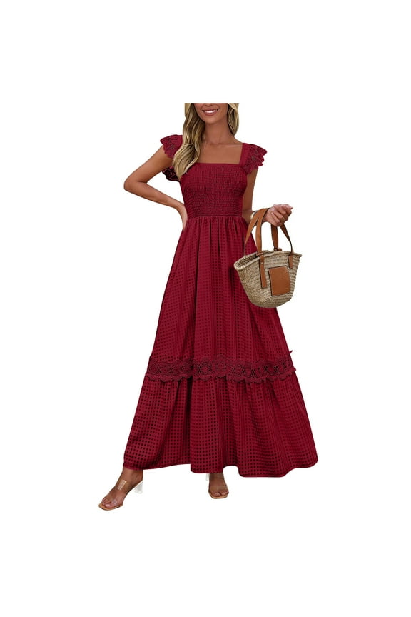 Womens Square Neck Flutter Sleeve Maxi Dress Smocked Waist Tiered Lace Trim Gingham Print Boho Vacation Dress