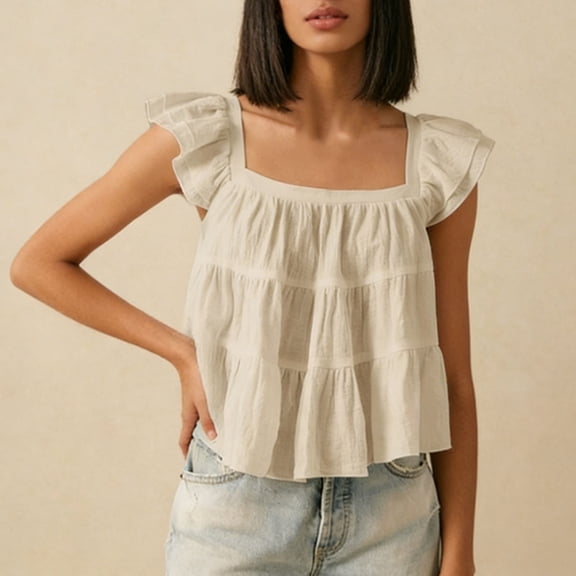 Karight Womens Square Neck Ruffle Sleeve Tiered Peplum Top Lightweight Cotton Blend Casual Blouse