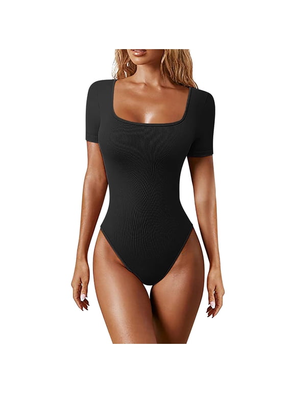Womens Square Neck Short Sleeve Bodysuit, Ribbed Form Fitting Thong Bodysuit for Casual, Party, Office, Daily Wear