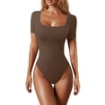 thumbnail image 1 of Karight Womens Square Neck Short Sleeve Bodysuit, Ribbed Form Fitting Thong Bodysuit for Casual, Party, Office, Daily Wear, 1 of 3