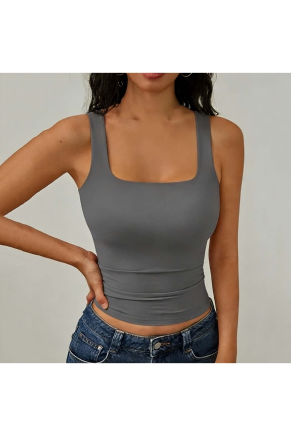 Womens Square Neck Sleeveless Tank Top Seamless Stretch Slim Fit Crop Cami Top