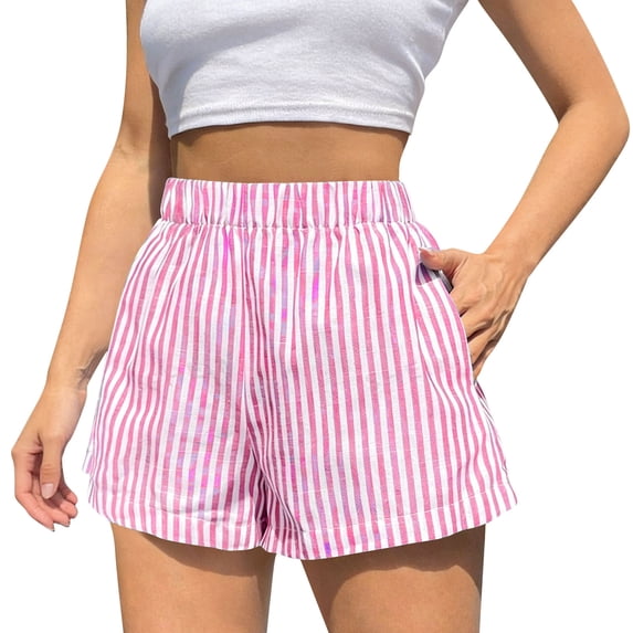 Karight Womens Striped Casual Shorts Elastic High Waist Loose Fit Summer Shorts with Pockets