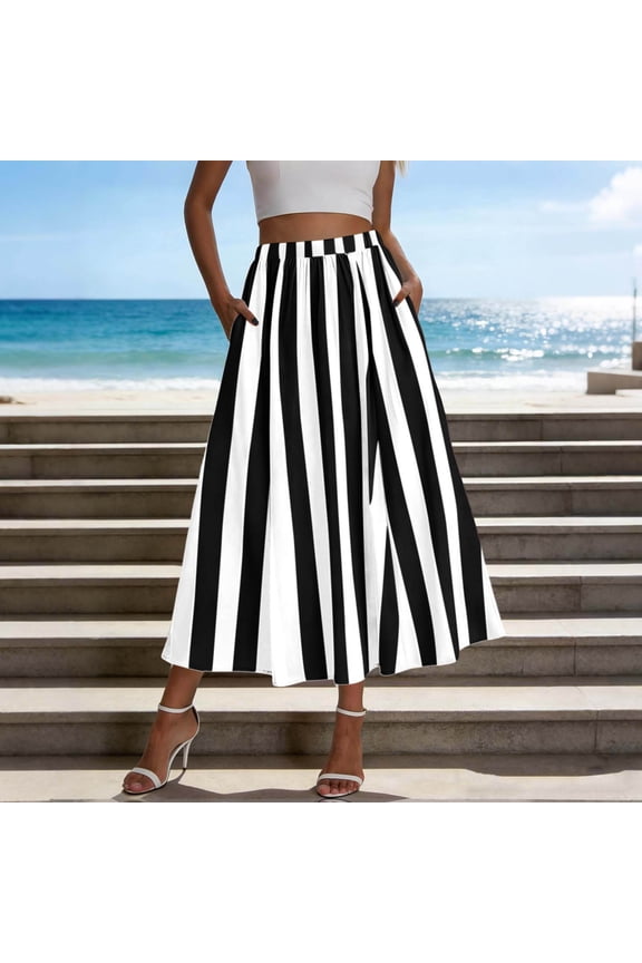 Womens Striped Maxi Skirt Elastic Waist Flared A-Line Skirt with Side Pockets Casual Summer Beachwear
