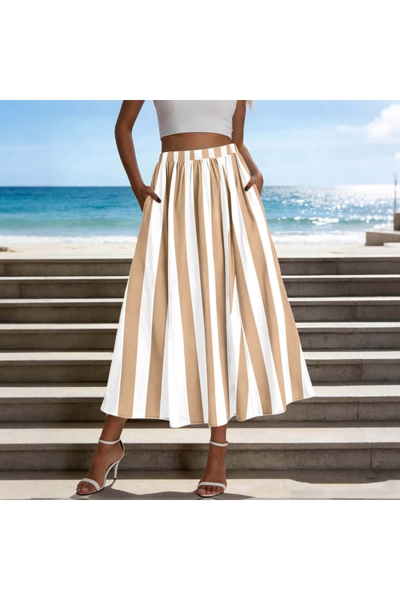 Womens Striped Maxi Skirt Elastic Waist Flared A-Line Skirt with Side Pockets Casual Summer Beachwear