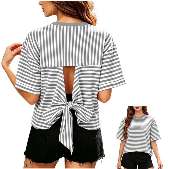 Karight Womens Striped Short Sleeve T Shirt Crew Neck Open Back Tie Knot Casual Loose Fit Blouse