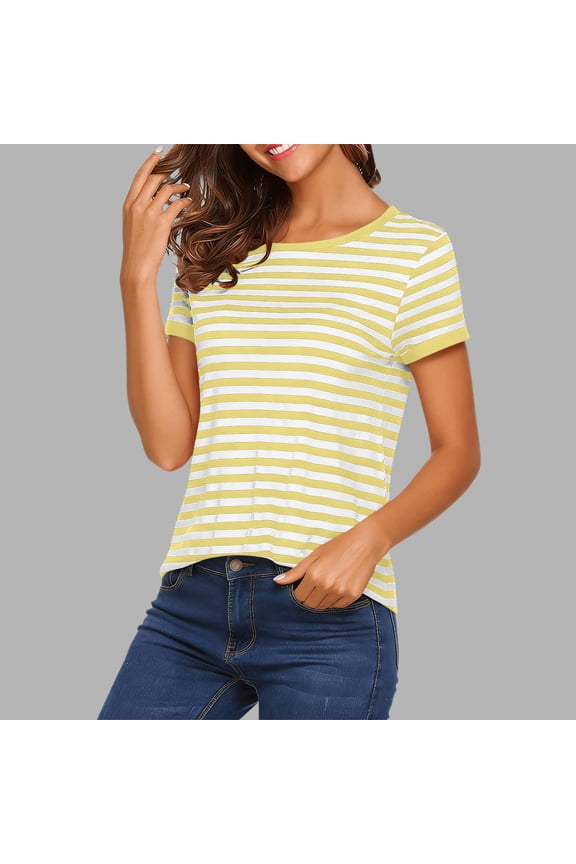 Womens Striped T Shirt Crew Neck Short Sleeve Ringer Trim Stretchy Slim Fit Casual Tee Top