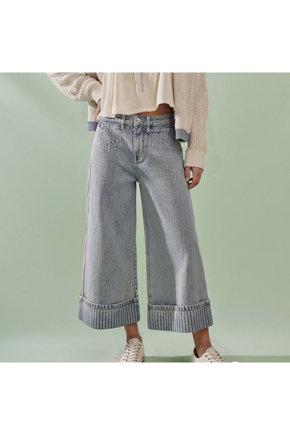 Womens Striped Wide Leg Cropped Jeans High Waist Rolled Cuff Denim Pants with Patch Pockets Casual Streetwear