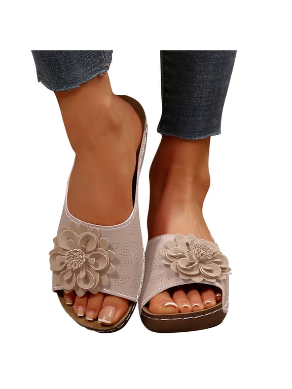 Womens Summer Beach Sandals Wedge Low Open Toe Slides Ladies Dressy Sandals Slipper Platform Comfortable Flower Sandals
