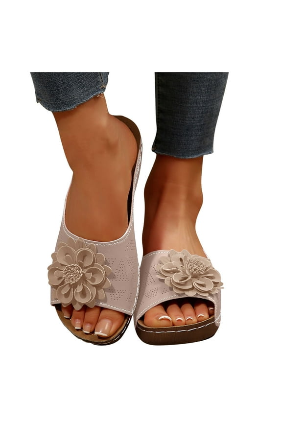 Womens Summer Beach Sandals Wedge Low Open Toe Slides Ladies Dressy Sandals Slipper Platform Comfortable Flower Sandals