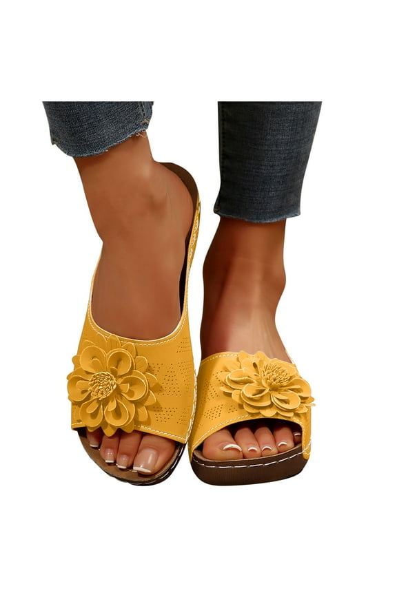 Womens Summer Beach Sandals Wedge Low Open Toe Slides Ladies Dressy Sandals Slipper Platform Comfortable Flower Sandals