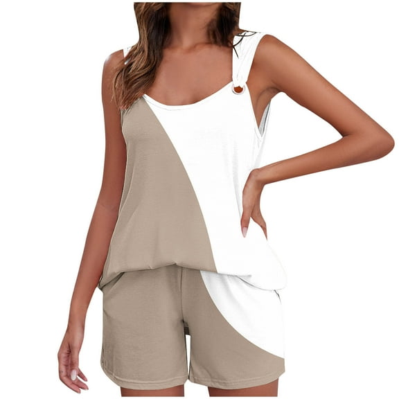 Karight Womens Summer Casual Loose Rompers Athletic Sleeveless Stretchy Short Overalls Jumpsuits with Pockets