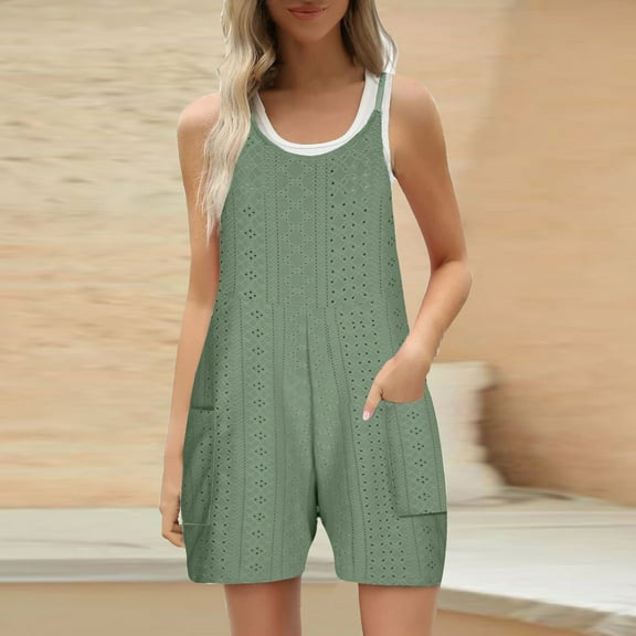 Karight Womens Summer Casual Loose Rompers Athletic Sleeveless Stretchy Short Overalls Jumpsuits with Pockets