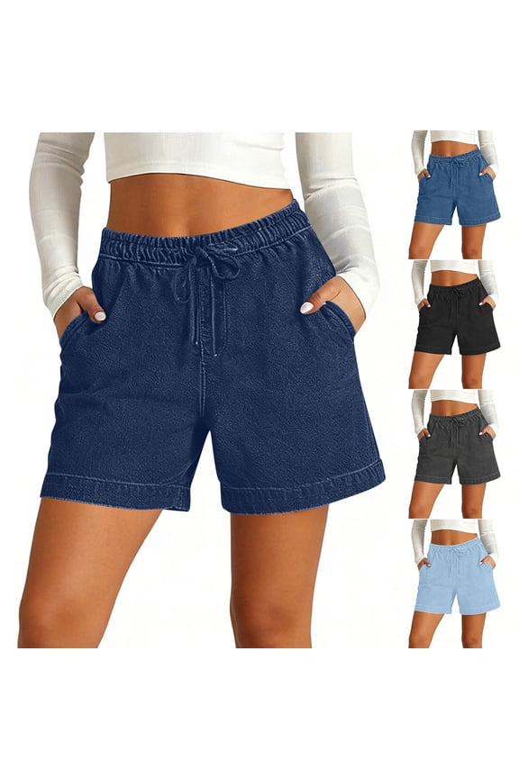 Womens Summer Denim Shorts Drawstring Elastic Waist Loose Fit Jean Shorts with Side Pockets