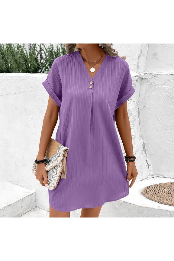 Womens Summer Dresses Short Rolled Sleeve Pleated Button Down V Neck Casual Beach Shift Sundresses with Pockets
