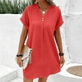 thumbnail image 1 of Karight Womens Summer Dresses Short Rolled Sleeve Pleated Button Down V Neck Casual Beach Shift Sundresses with Pockets, 1 of 7